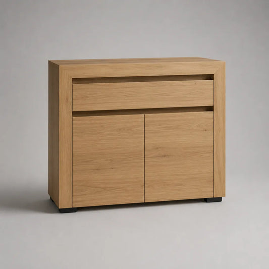 Credenza rettangolare in tavoletta in melamina con 2 porte e 1 cassetto, rovere naturale e nero, 90 × 40 × 90 cm