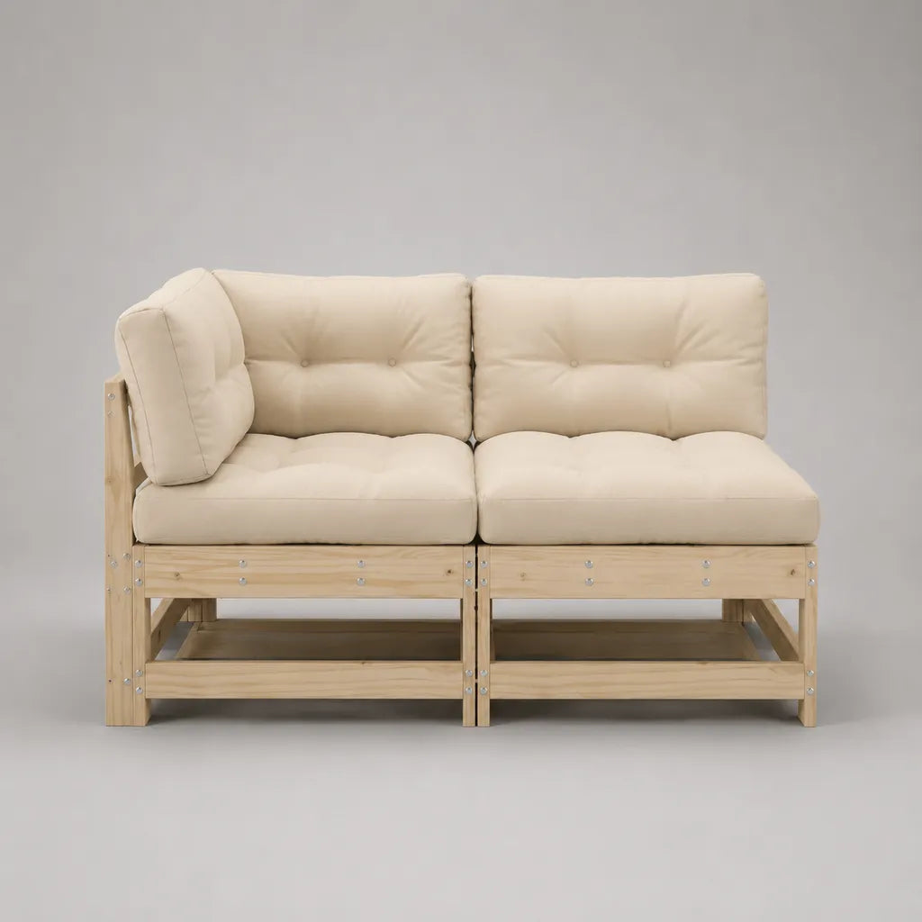 Divano modulare a 2 posti, set di 2 moduli in pino massiccio con cuscini beige, 160 × 80 × 85 cm