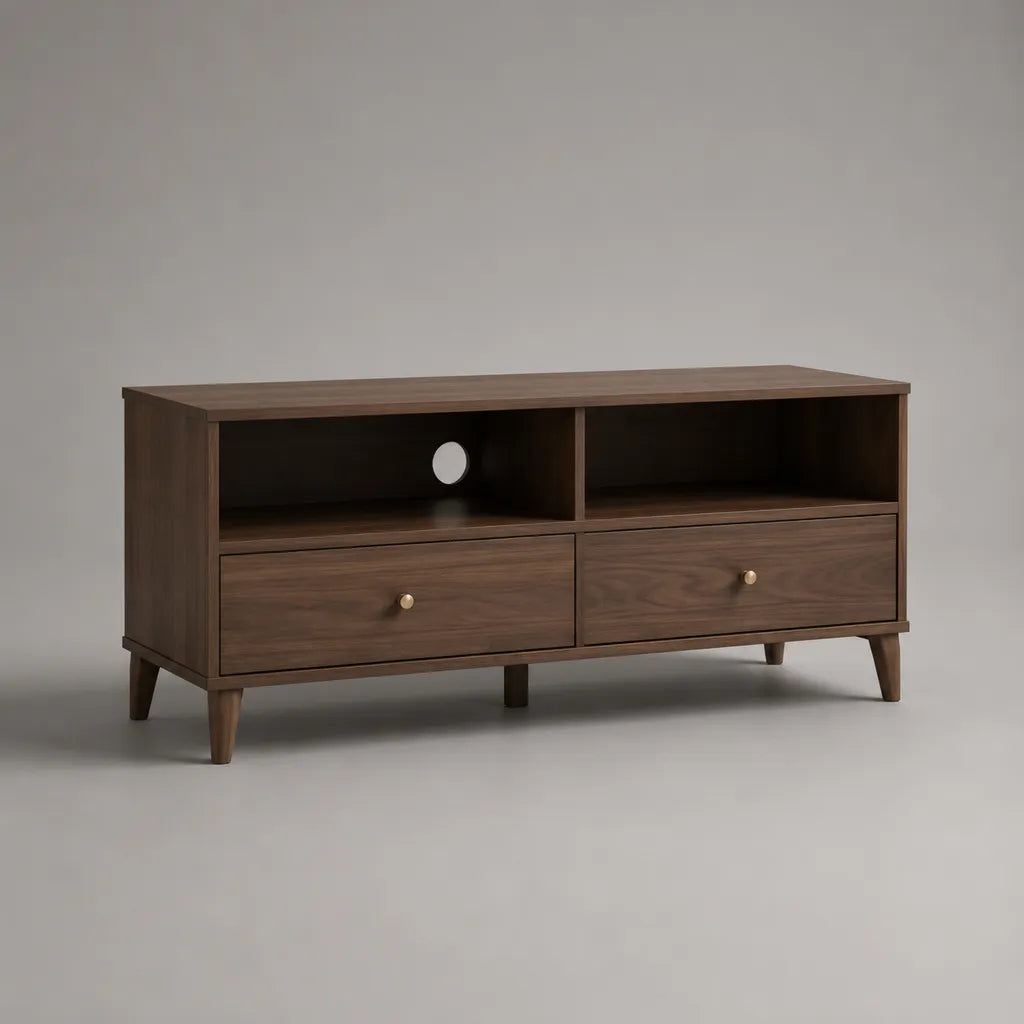 Armadietto rettangolare a bassa TV in noce marrone MDF e metallo di colore ottone, 2 cassetti, 2 nicchie e pass via cavo, 120 × 40 × 60 cm