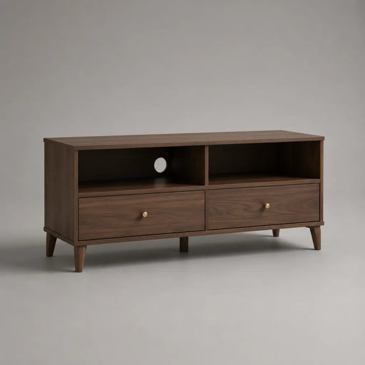 Armadietto rettangolare a bassa TV in noce marrone MDF e metallo di colore ottone, 2 cassetti, 2 nicchie e pass via cavo, 120 × 40 × 60 cm