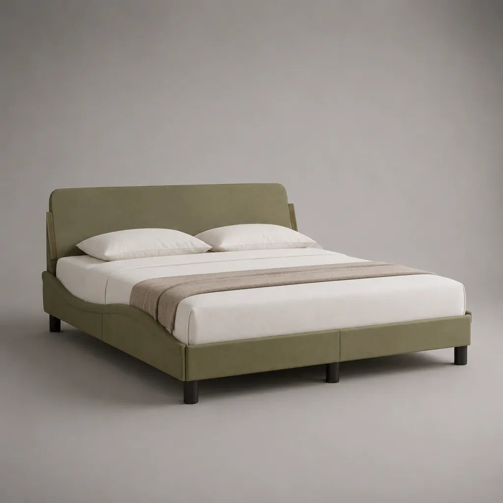 Letto matrimoniale imbottito in poliestere verde oliva con letto con latte, letto 160 × 200 cm, dimensioni 220 × 173 × 105 cm