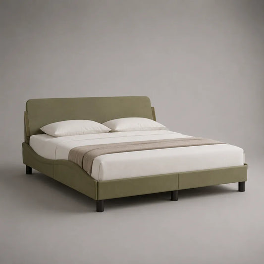 Letto matrimoniale imbottito in poliestere verde oliva con letto con latte, letto 160 × 200 cm, dimensioni 220 × 173 × 105 cm