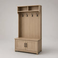 Arredamento ingresso in legno con padella, 4 ganci e 2 scomparti, rovere chiaro e nero, 100 × 40 × 190 cm