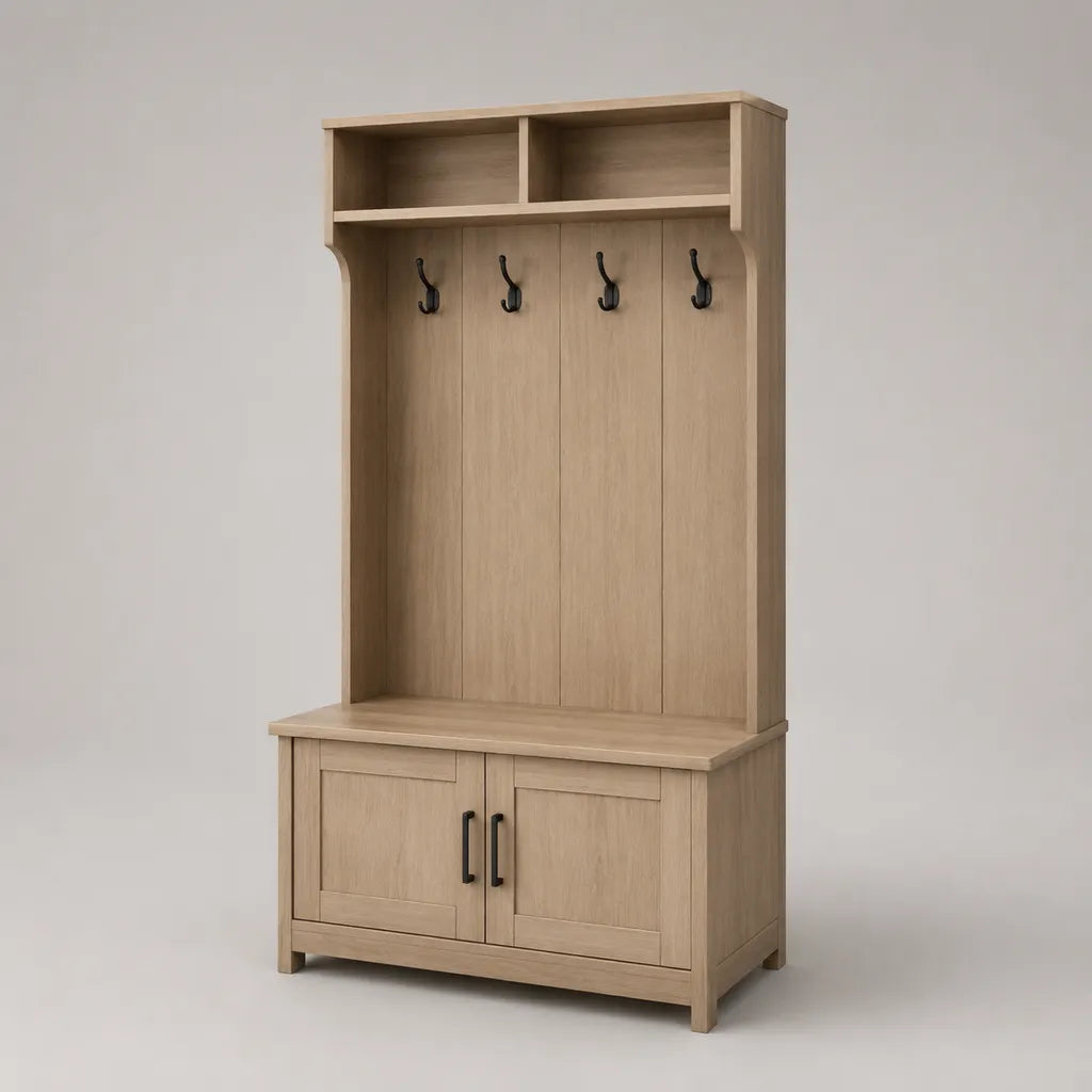 Arredamento ingresso in legno con padella, 4 ganci e 2 scomparti, rovere chiaro e nero, 100 × 40 × 190 cm