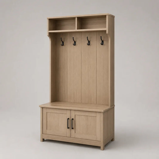 Arredamento ingresso in legno con padella, 4 ganci e 2 scomparti, rovere chiaro e nero, 100 × 40 × 190 cm