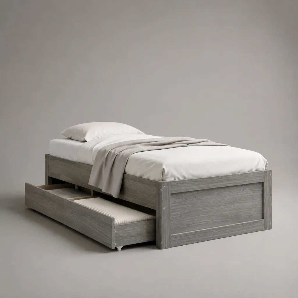 Letto gigogne 1 sedile in pannello di particelle, rovere grigio, 90 × 190 cm e 80 × 180 cm letti, 198 × 98 × 75 cm