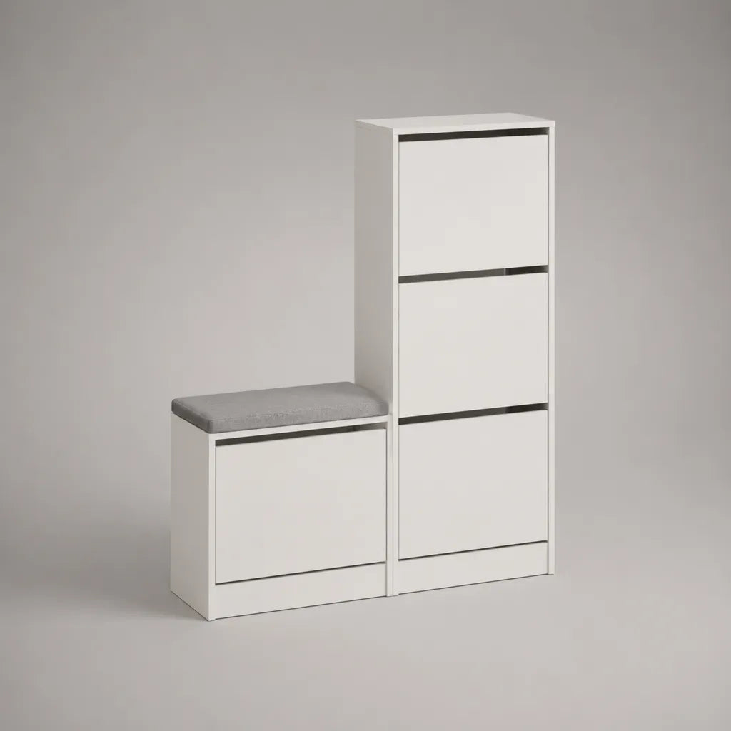 Scarpe con panchina a chipboard in melamina, composizione di 2 moduli con 4 porte a flap, 110 × 30 × 120 cm, bianco, nero e grigio