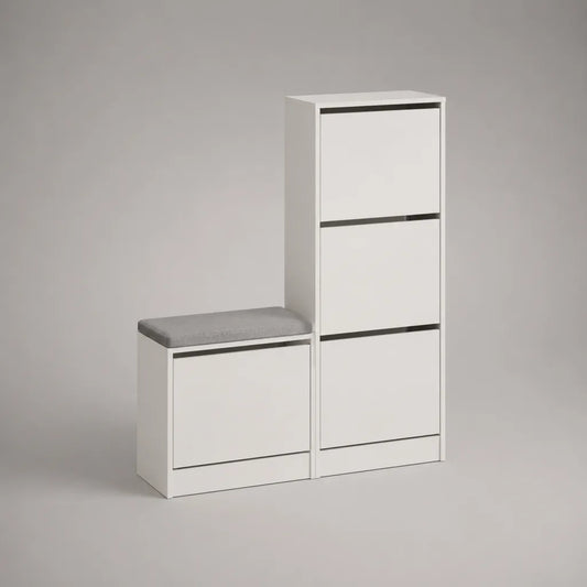 Scarpe con panchina a chipboard in melamina, composizione di 2 moduli con 4 porte a flap, 110 × 30 × 120 cm, bianco, nero e grigio