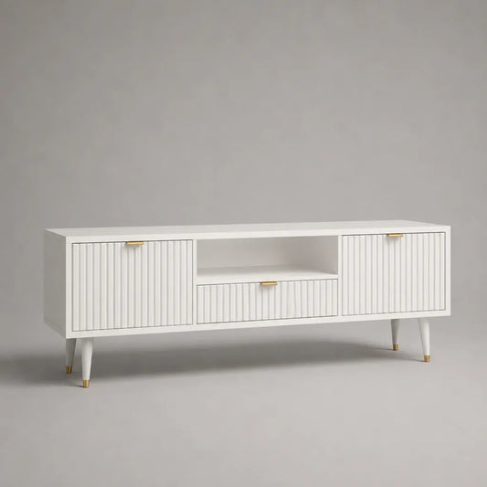 Armadio TV MDF bianco e dorato, 2 porte, 1 cassetto e 1 nicchia, 160 × 40 × 65 cm