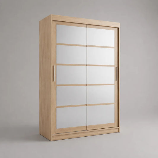 Armadio in legno con 2 porte scorrevoli con specchi, rovere leggero e argento, 120 × 60 × 200 cm
