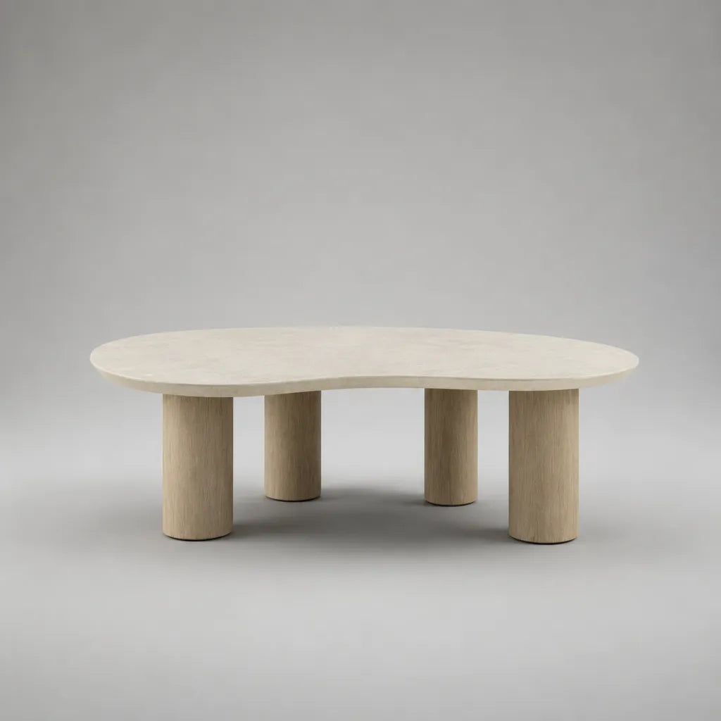Tavolo organico in legno beige chiaro con quattro piedi cilindrici, 120 × 60 × 40 cm