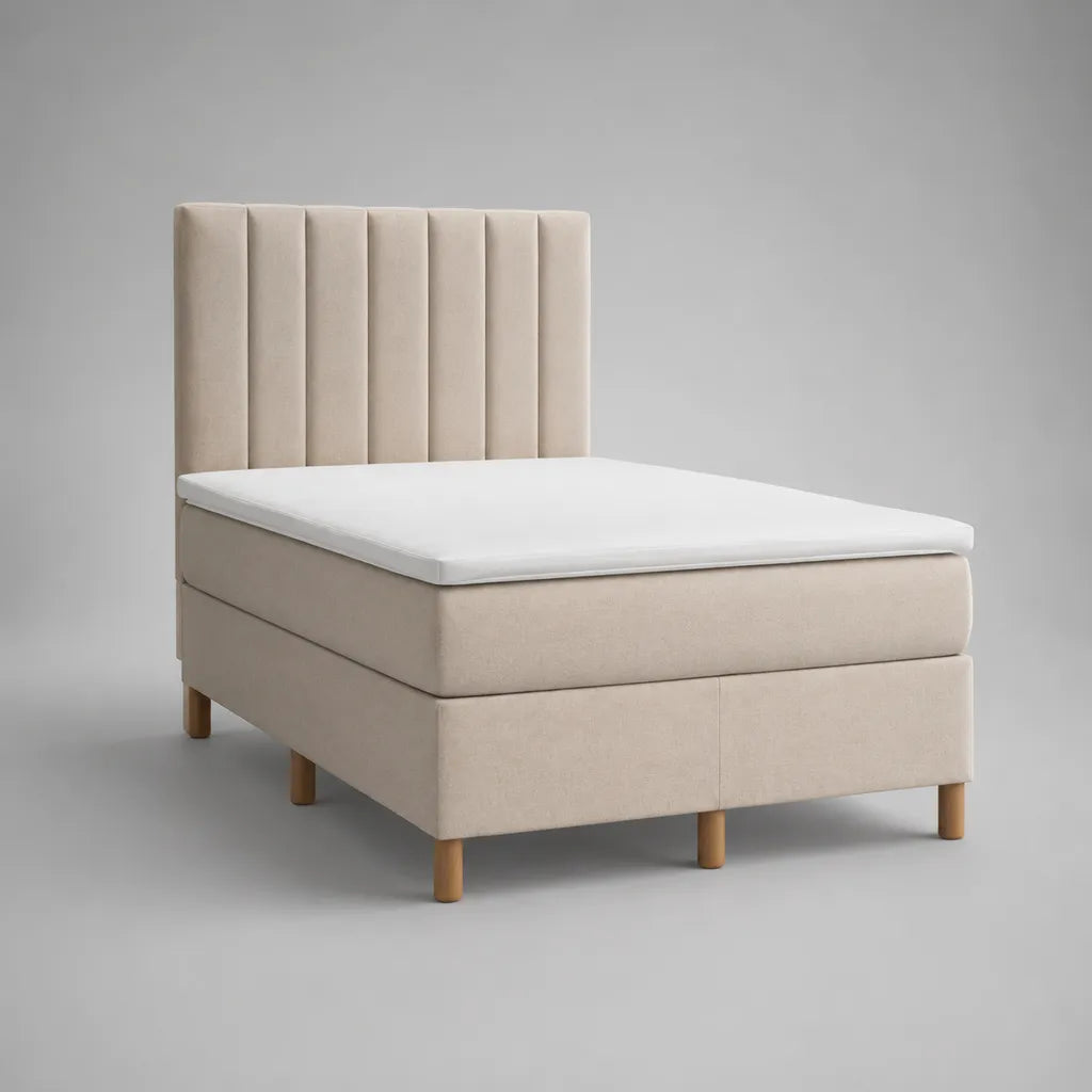 Letto matrimoniale continentale 160 × 200 cm con materasso e materasso, struttura in legno, tessuto beige e bianco, 168 × 210 × 120 cm