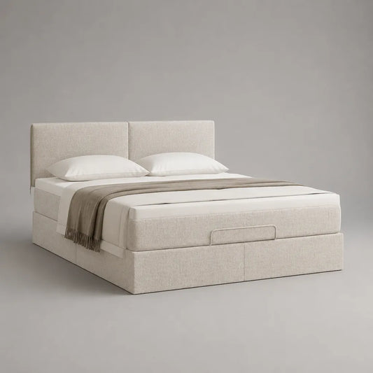 Letto matrimoniale rettangolare imbottito in tessuto beige chiaro con testata, 176 × 215 × 112 cm, letto 160 × 200 cm