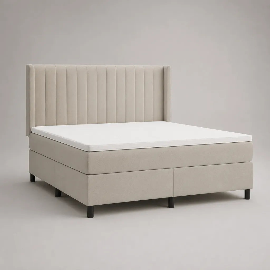 Letto matrimoniale in tessuto beige con testata, materassi e materassi, 160 × 200 cm di sonno, dimensioni 180 × 215 × 120 cm