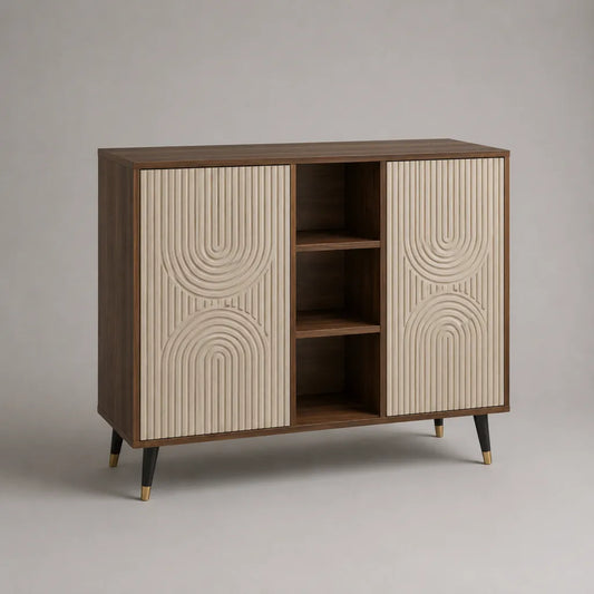 Elevata credibilità rettangolare in MDF e chipboard con 2 porte e 3 stanze aperte, noce e beige, 120 × 40 × 100 cm