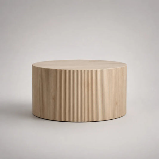 Tavolino rotondo in frassino MDF, beige leggero, base cilindrica a vergella, Ø 80 x H 40 cm