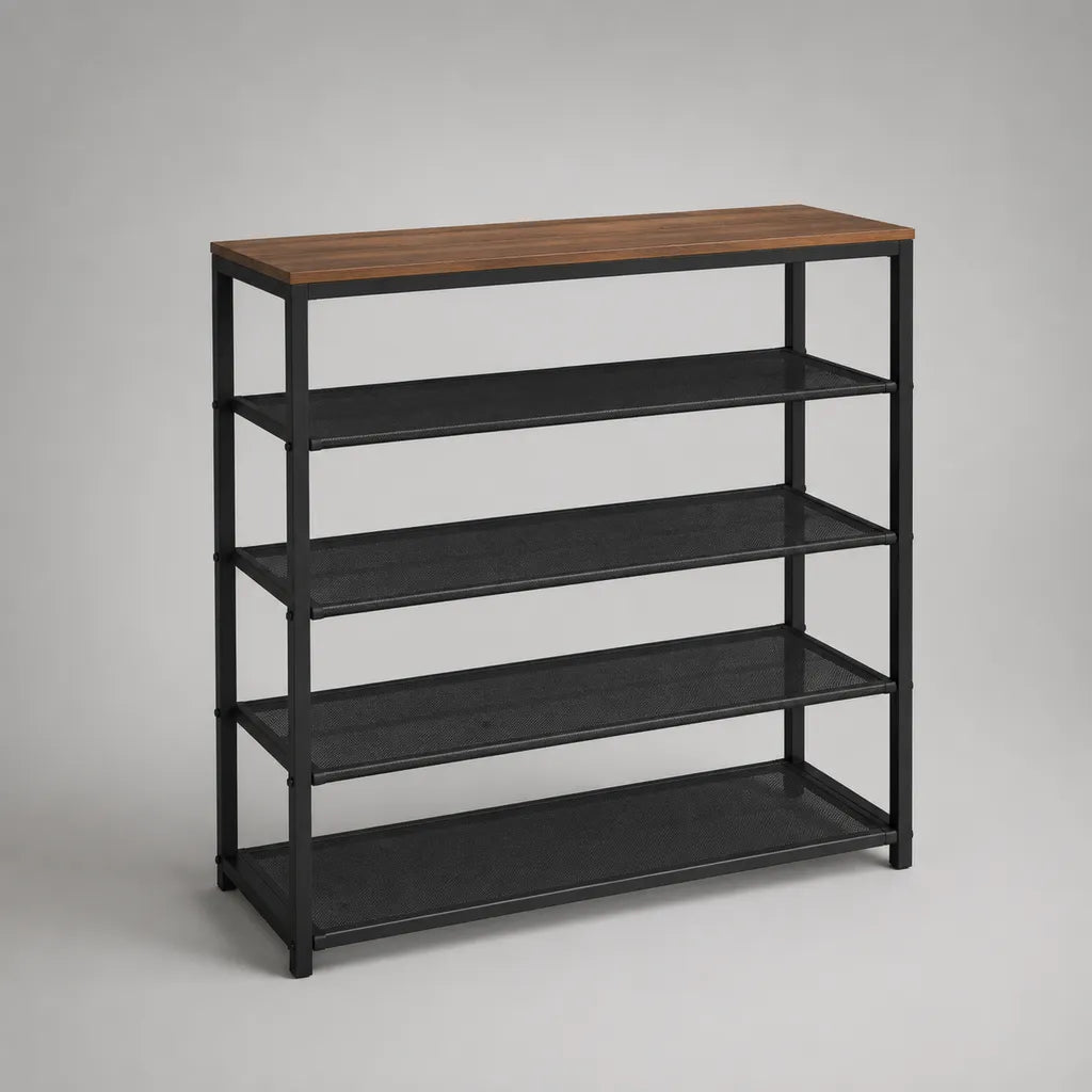 Scarpa rettangolare a 5 livelli in acciaio e tavoletta, noce nero e marrone, 100 × 30 × 95 cm