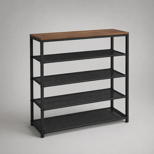 Scarpa rettangolare a 5 livelli in acciaio e tavoletta, noce nero e marrone, 100 × 30 × 95 cm