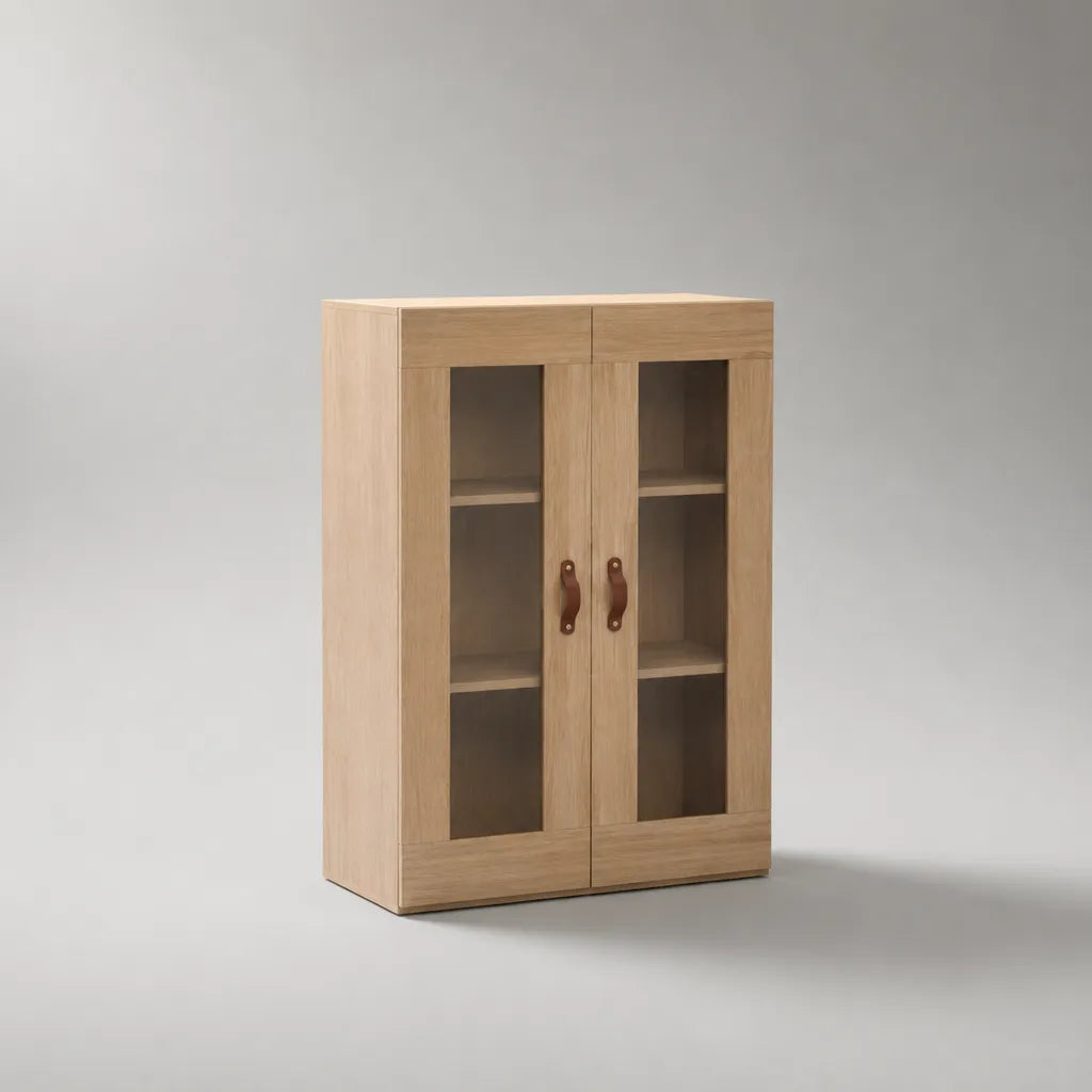 Armadio in legno con 2 porte in vetro, rovere naturale, 90 × 35 × 120 cm