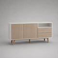 Armadio TV rettangolare in pannelli in melamina e MDF, rovere bianco e naturale, 140 × 40 × 75 cm