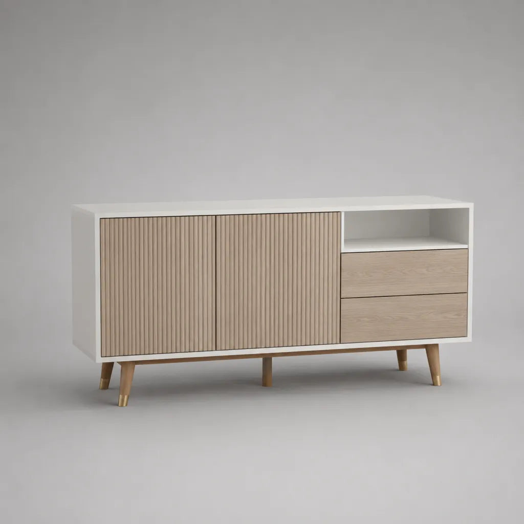 Armadio TV rettangolare in pannelli in melamina e MDF, rovere bianco e naturale, 140 × 40 × 75 cm