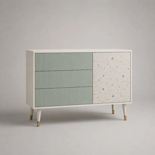 Credenza rettangolare MDF con 3 cassetti e 1 maniglia, salvia bianca e verde, 120 × 40 × 80 cm