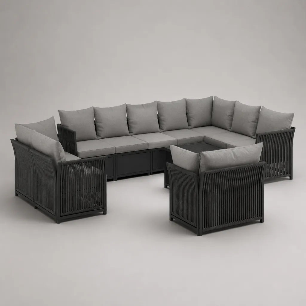 Set di divani da giardino 4 pezzi con 9 sedili in metallo e corda, antracite e grigio, 285 × 220 × 78 cm