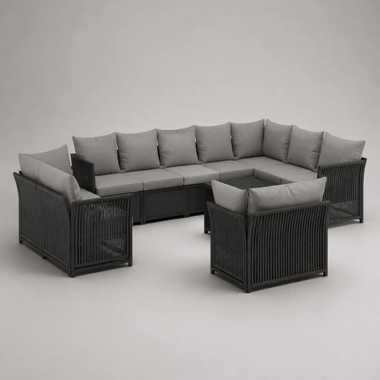 Set di divani da giardino 4 pezzi con 9 sedili in metallo e corda, antracite e grigio, 285 × 220 × 78 cm