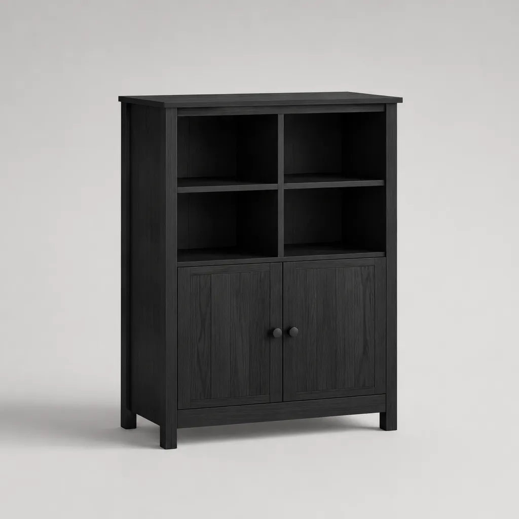 Tabella a chip di melamina nera, 4 scomparti e 2 porte, 80 × 35 × 120 cm