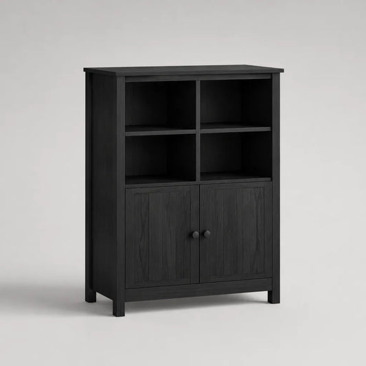 Tabella a chip di melamina nera, 4 scomparti e 2 porte, 80 × 35 × 120 cm