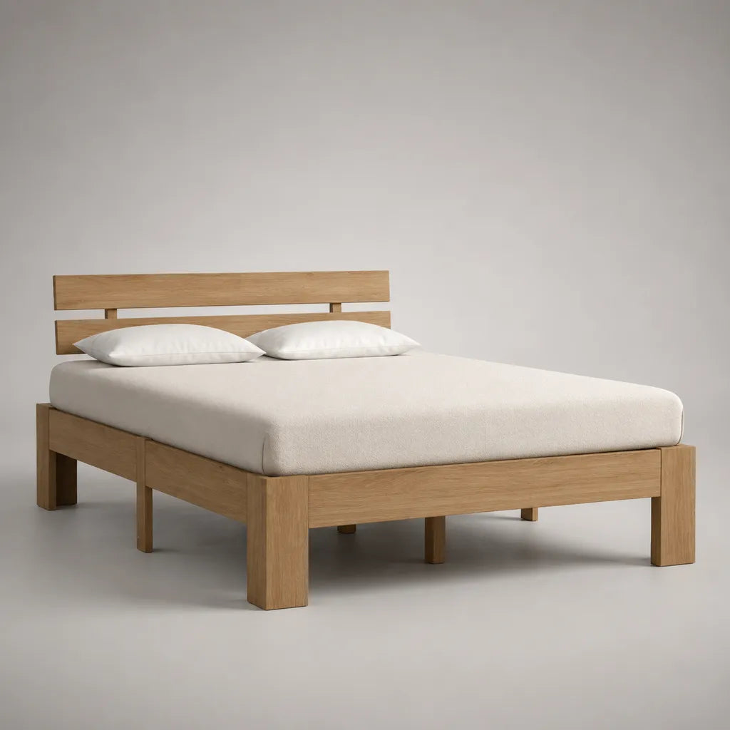 Letto matrimoniale rettangolare in rovere massiccio marrone chiaro con testata, letto 160 × 200 cm, dimensioni 170 × 212 × 100 cm